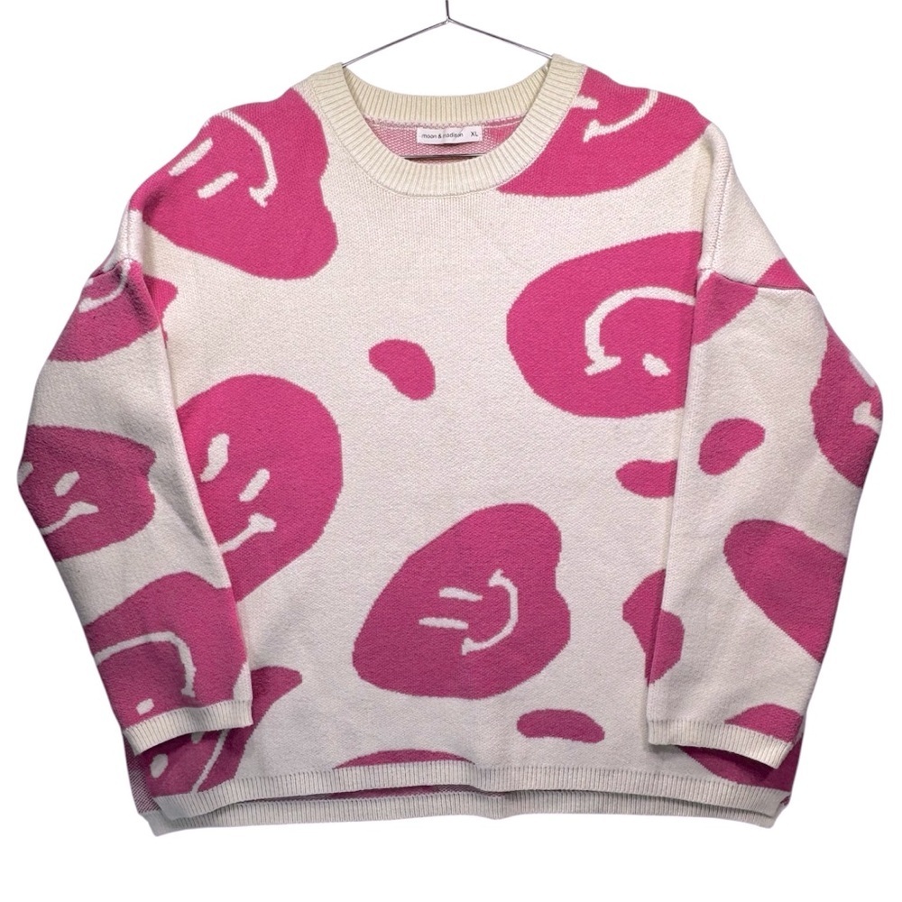Moon & Madison Y2K Sweater Ivory with Pink Smiley Faces Oversized Soft Cozy XL